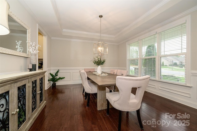 dining area with dark wood-type flooring, a notable chandelier, a wainscoted wall, and a raised ceiling