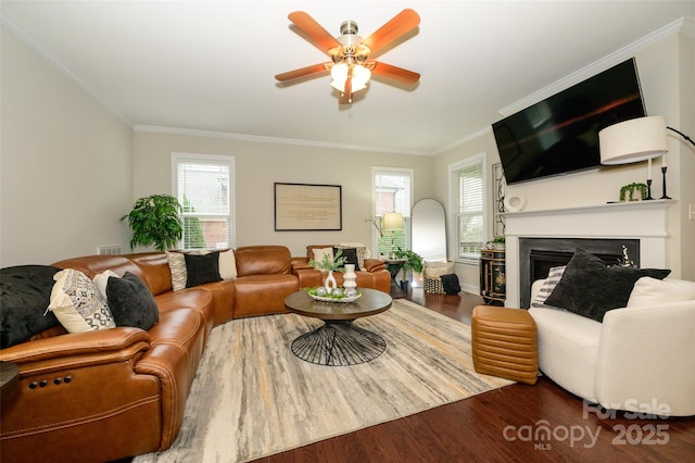 living area featuring ornamental molding, wood finished floors, and a healthy amount of sunlight