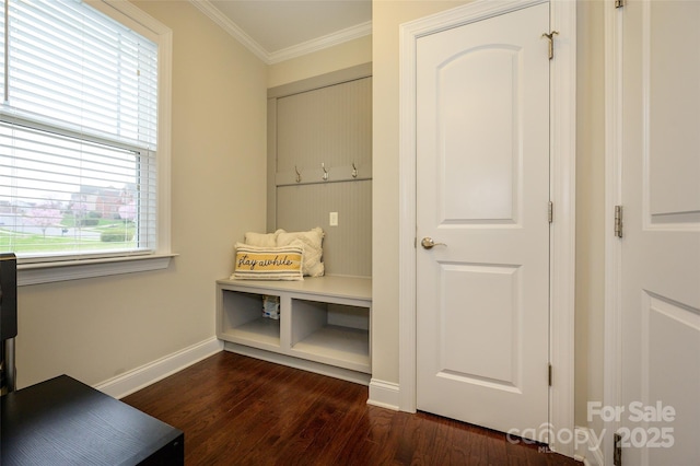 mudroom featuring dark wood-style floors, crown molding, and baseboards