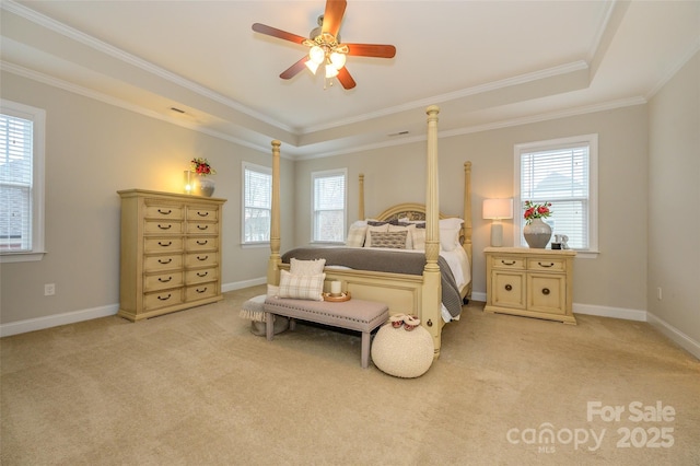 bedroom featuring baseboards, multiple windows, light colored carpet, and a raised ceiling