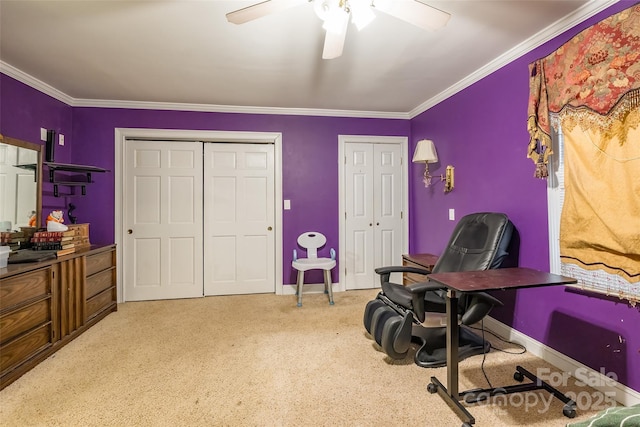 carpeted office featuring baseboards, a ceiling fan, and crown molding