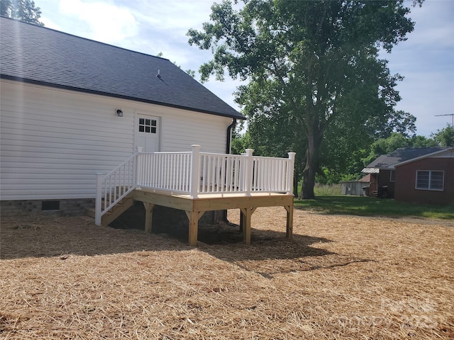 exterior space featuring crawl space, a deck, and roof with shingles