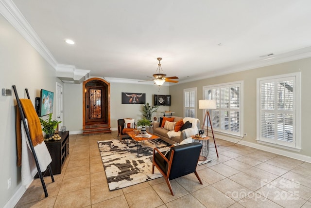 living area with light tile patterned floors, visible vents, baseboards, and ornamental molding