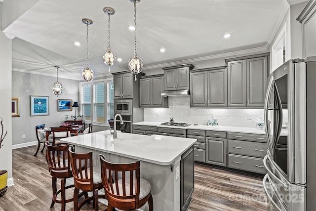 kitchen with gray cabinetry, crown molding, under cabinet range hood, an island with sink, and appliances with stainless steel finishes