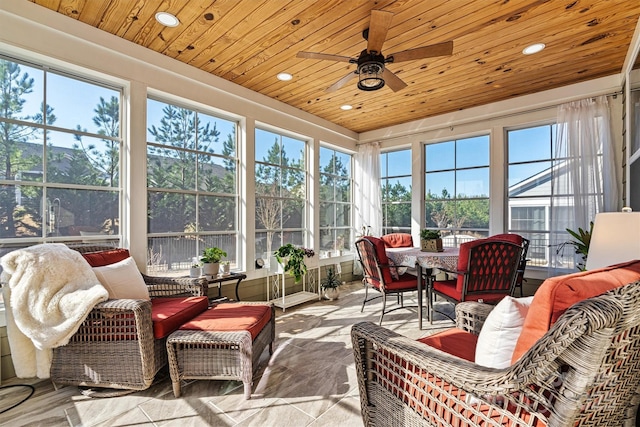 sunroom / solarium with wood ceiling and ceiling fan