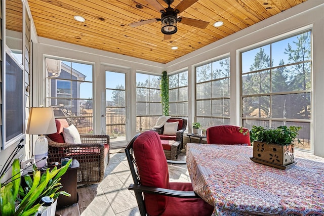 sunroom featuring wooden ceiling and a ceiling fan