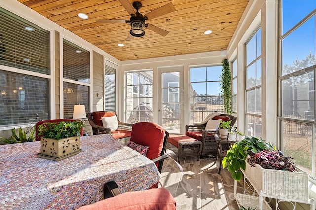 sunroom / solarium with wood ceiling and ceiling fan