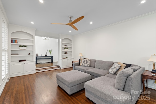 living area with dark wood-type flooring, built in features, and a ceiling fan