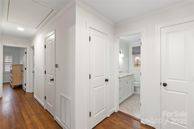 corridor featuring visible vents, attic access, dark wood-style flooring, and a healthy amount of sunlight