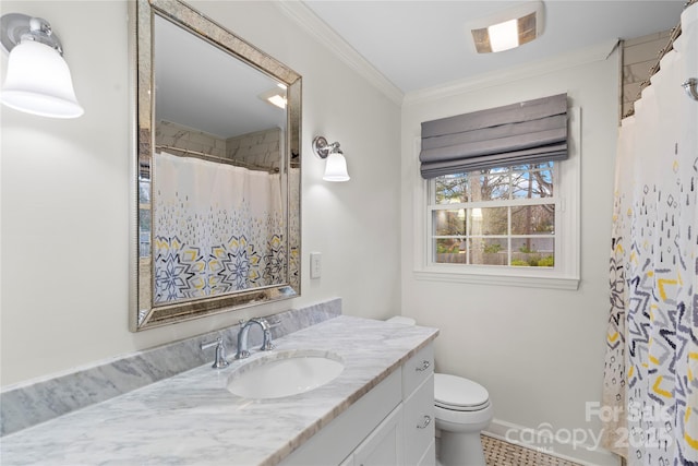 bathroom featuring visible vents, toilet, ornamental molding, a shower with curtain, and vanity