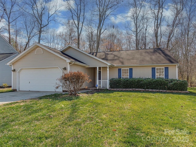 ranch-style home featuring a front lawn, an attached garage, and driveway