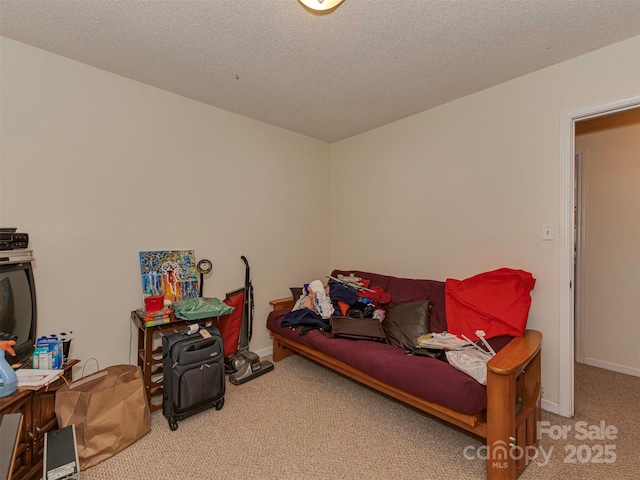 sitting room with baseboards, carpet floors, and a textured ceiling