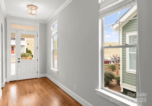 entrance foyer with crown molding, baseboards, and wood finished floors