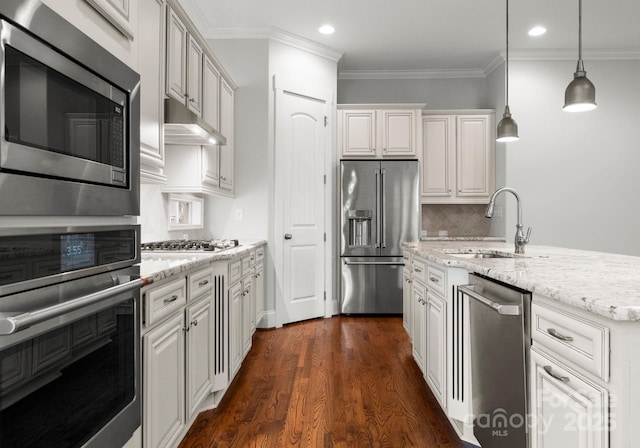 kitchen with dark wood-type flooring, under cabinet range hood, ornamental molding, appliances with stainless steel finishes, and a sink