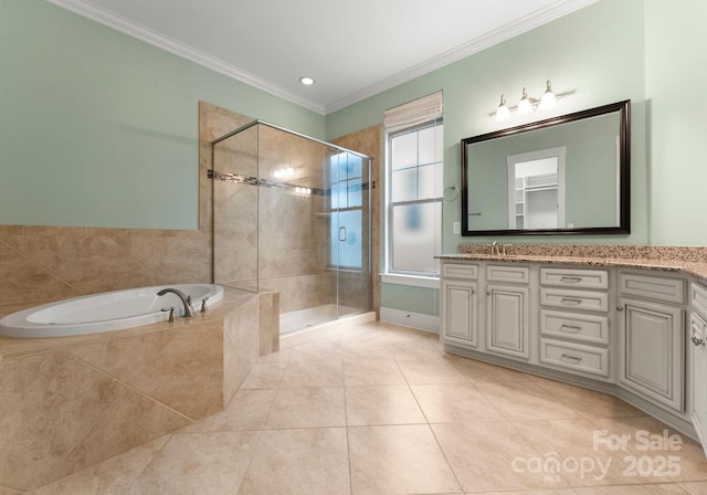 full bath with tile patterned flooring, a shower stall, crown molding, a bath, and vanity