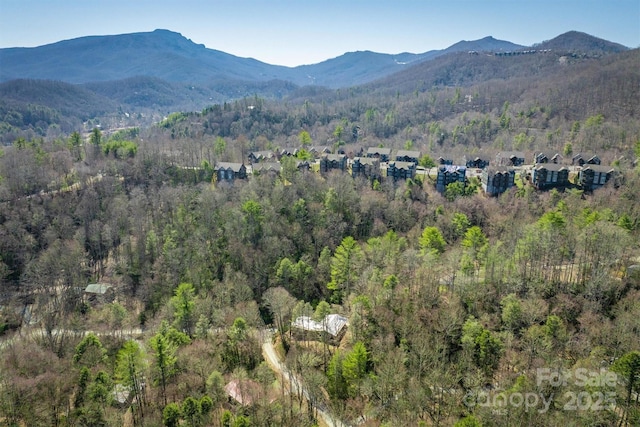 drone / aerial view featuring a mountain view and a forest view