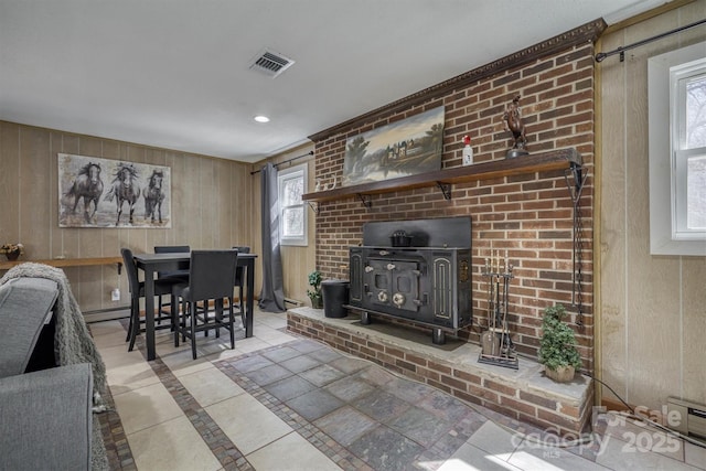 living area with visible vents, a wood stove, and wooden walls