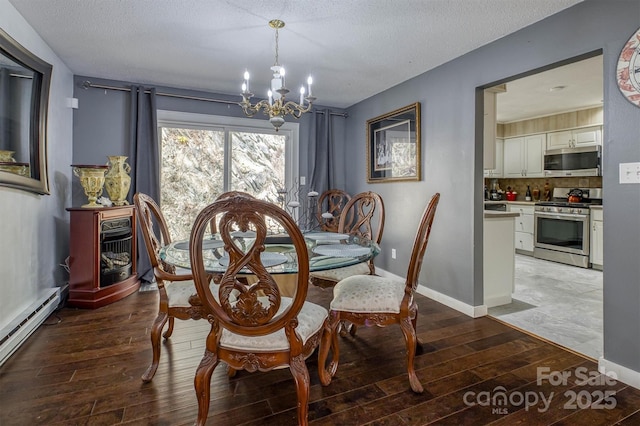 dining area featuring a baseboard radiator, baseboards, a notable chandelier, and hardwood / wood-style flooring