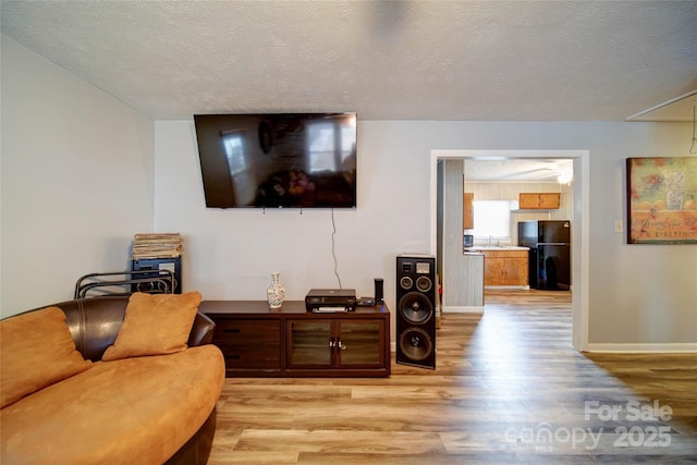 living area featuring baseboards, light wood finished floors, and a textured ceiling