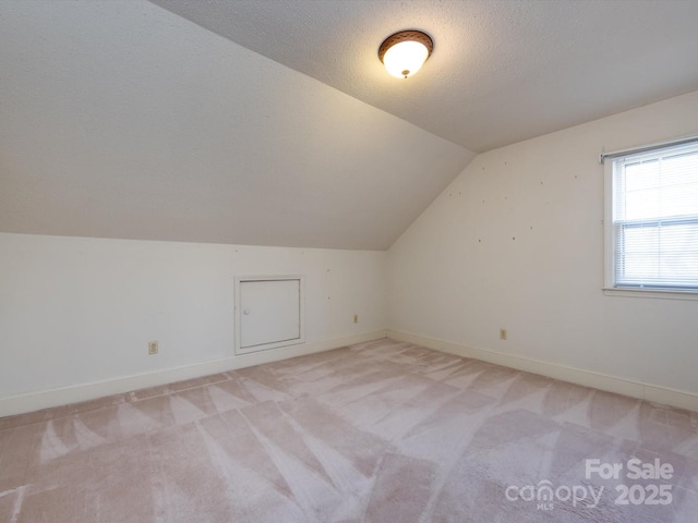 additional living space with a textured ceiling, baseboards, and light carpet