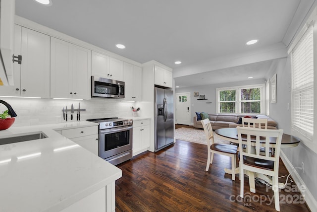 kitchen with light countertops, dark wood-style floors, open floor plan, and appliances with stainless steel finishes