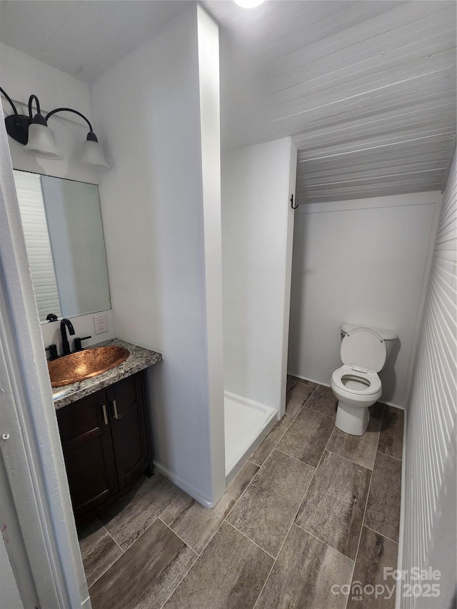 bathroom featuring toilet, a stall shower, and vanity