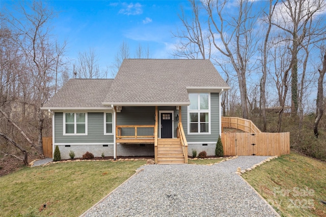 view of front of house with a front lawn, a porch, roof with shingles, crawl space, and a gate