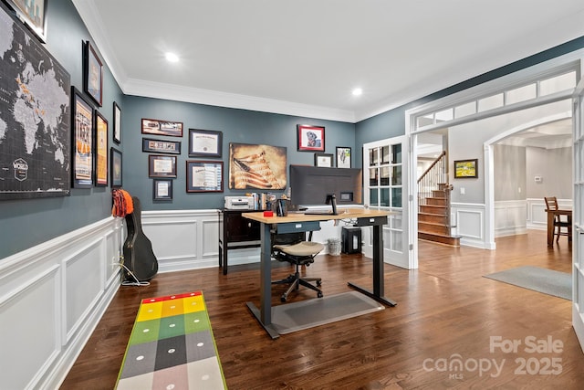 722 Fairway Point Dr, Fort Mill, SC 29708 - office featuring arched walkways, a decorative wall, ornamental molding, and wood finished floors