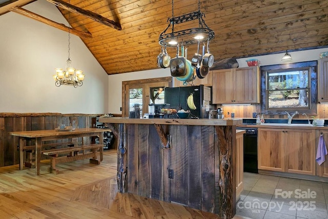 kitchen with a sink, plenty of natural light, black appliances, and wood ceiling