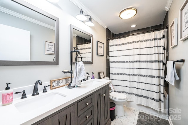 full bathroom featuring a sink, toilet, and crown molding