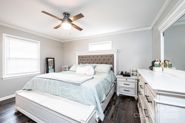 bedroom featuring ceiling fan, baseboards, dark wood-style flooring, and ornamental molding