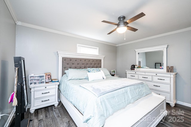 bedroom featuring ceiling fan, baseboards, dark wood-type flooring, and ornamental molding