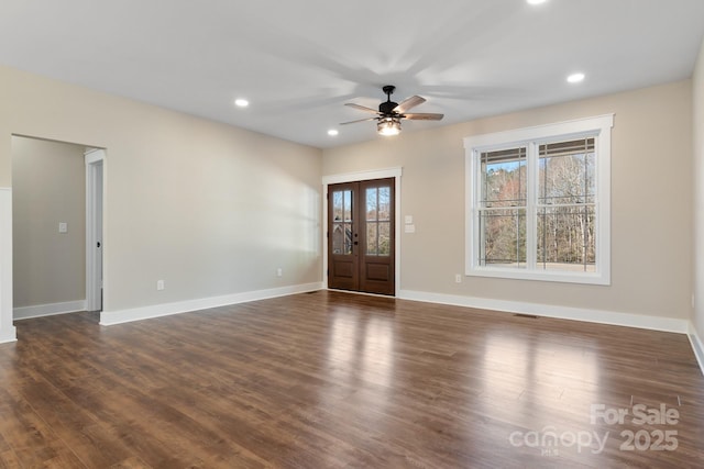 entryway with a ceiling fan, dark wood finished floors, recessed lighting, french doors, and baseboards