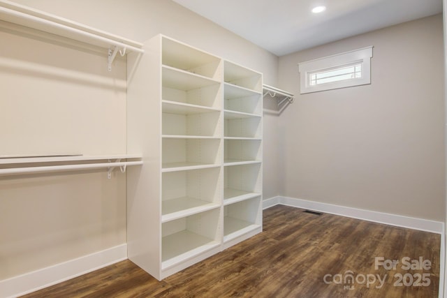 walk in closet featuring dark wood finished floors