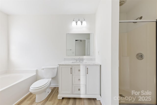 bathroom with vanity, wood finished floors, toilet, and a shower