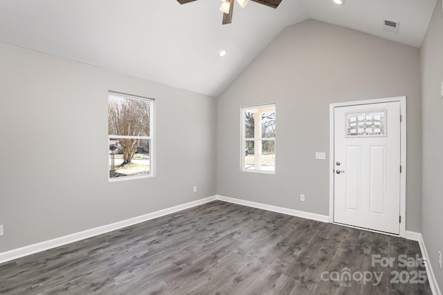entrance foyer featuring visible vents, ceiling fan, baseboards, and dark wood-style flooring