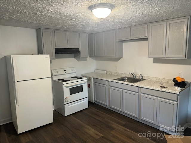 kitchen with white appliances, gray cabinets, under cabinet range hood, and a sink