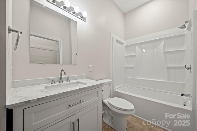 bathroom featuring shower / bathtub combination, toilet, and vanity