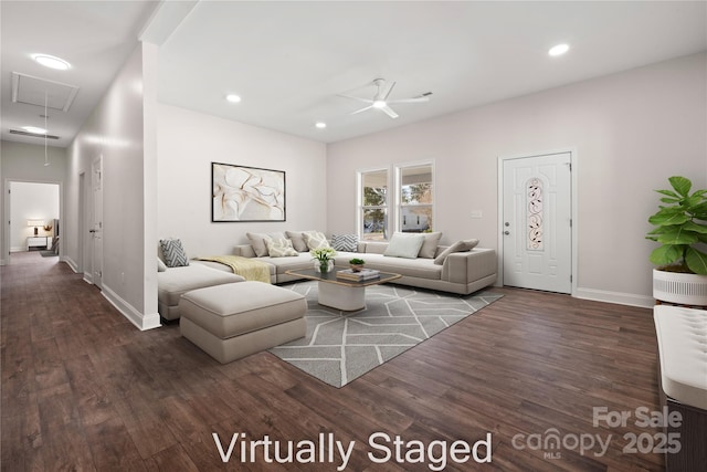 living room featuring wood finished floors, baseboards, attic access, recessed lighting, and ceiling fan