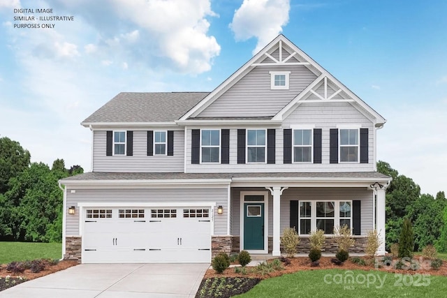 1240 Cottage Green Dr Unit 0132, Monroe, NC 28112 - craftsman-style home featuring concrete driveway, a porch, an attached garage, and stone siding