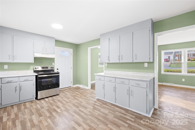 kitchen featuring visible vents, under cabinet range hood, light countertops, light wood-style flooring, and stainless steel range with electric stovetop