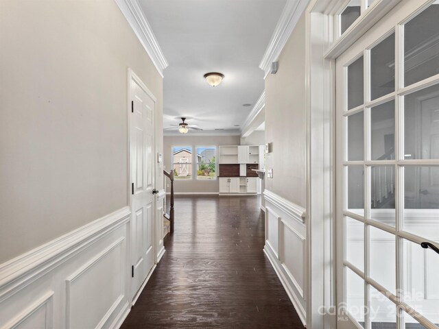 hallway with dark wood finished floors, a decorative wall, a wainscoted wall, and ornamental molding