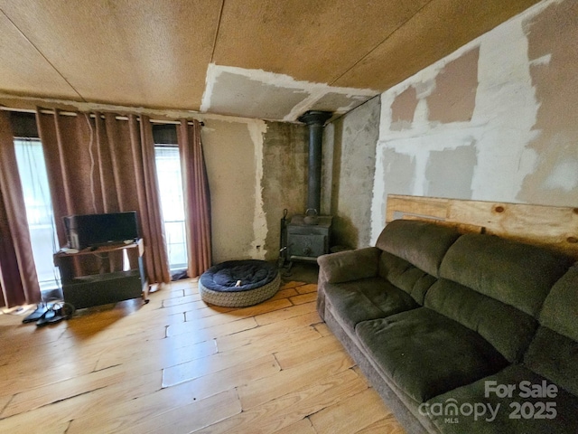 living room with a wood stove and hardwood / wood-style flooring