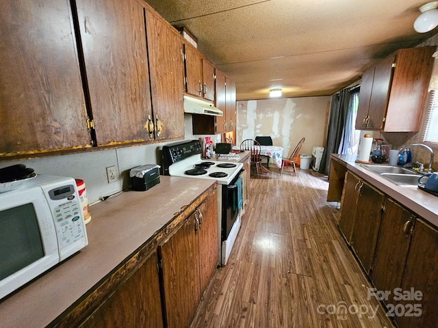 kitchen with electric stove, dark wood finished floors, white microwave, under cabinet range hood, and a sink
