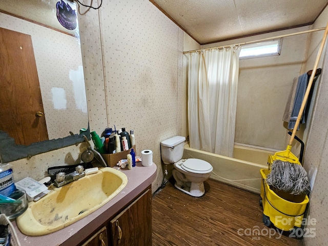 full bath with vanity, toilet, shower / tub combo, wallpapered walls, and wood finished floors
