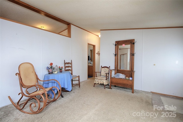 sitting room featuring carpet floors, a textured ceiling, and ornamental molding