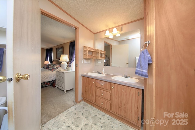 bathroom with a sink, a textured ceiling, and ensuite bathroom