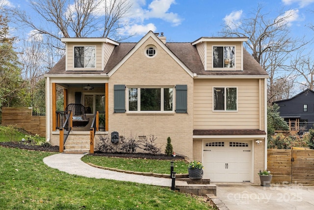 view of front of house featuring fence, covered porch, concrete driveway, a garage, and brick siding