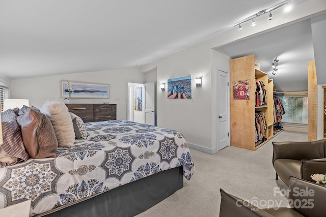 bedroom with a spacious closet, track lighting, lofted ceiling, carpet floors, and a closet