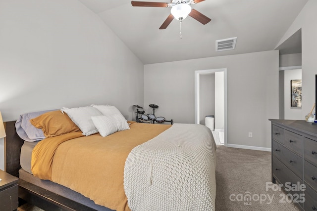 bedroom with a ceiling fan, baseboards, visible vents, lofted ceiling, and carpet flooring